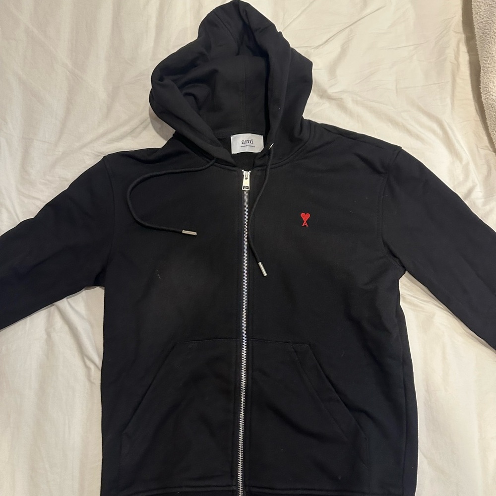 Ami Black Zip Hoodie with Small Red Heart